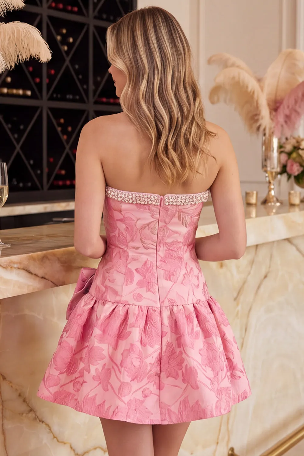 Pink A-Line Floral Jacquard Strapless Rhinestones Homecoming Dress with Bow Detail sold by Zapaka product image thumbnail 2