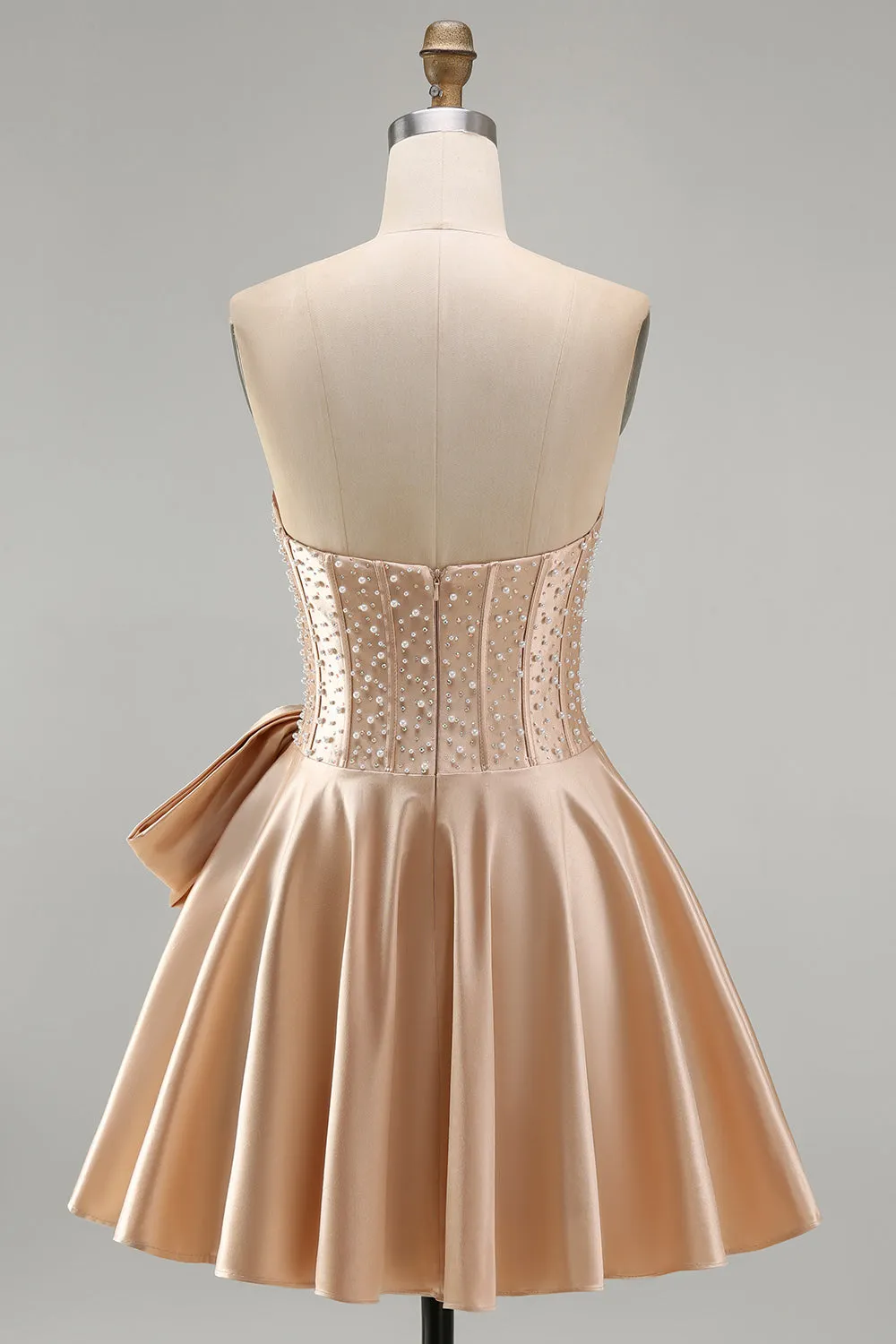 Champagne Corset Beaded Pearls A-Line Strapless Homecoming Dress with Bow sold by Zapaka product image thumbnail 2