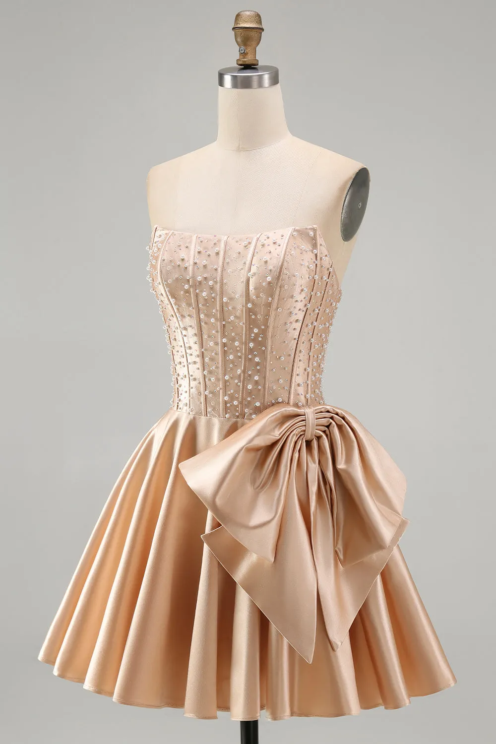 Champagne Corset Beaded Pearls A-Line Strapless Homecoming Dress with Bow sold by Zapaka product image thumbnail 5