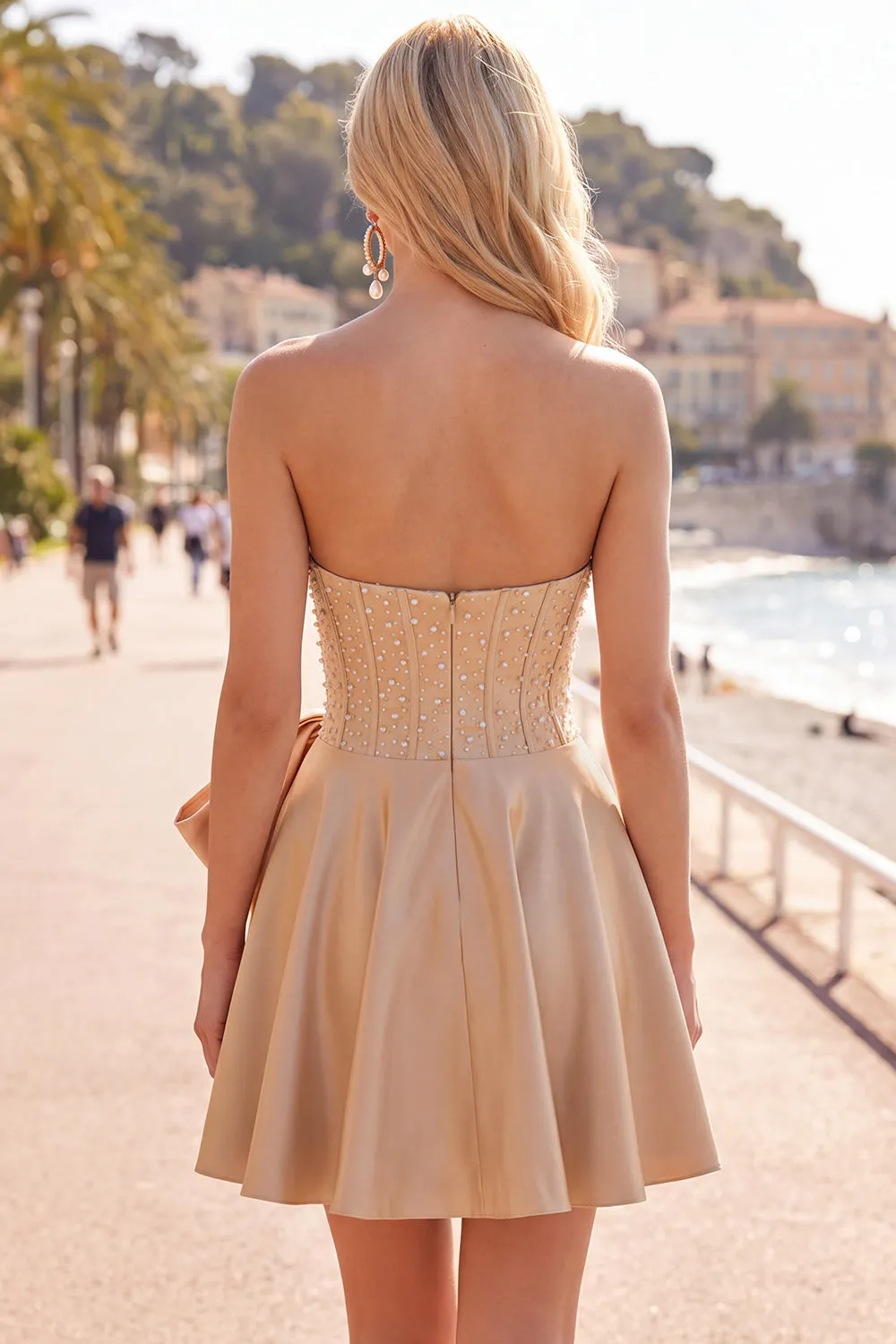 Champagne Corset Beaded Pearls A-Line Strapless Homecoming Dress with Bow sold by Zapaka product image thumbnail 4
