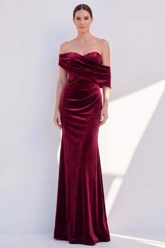 Burgundy Off The Shoulder Velvet Ruched Mermaid Formal Dress made by Zapaka