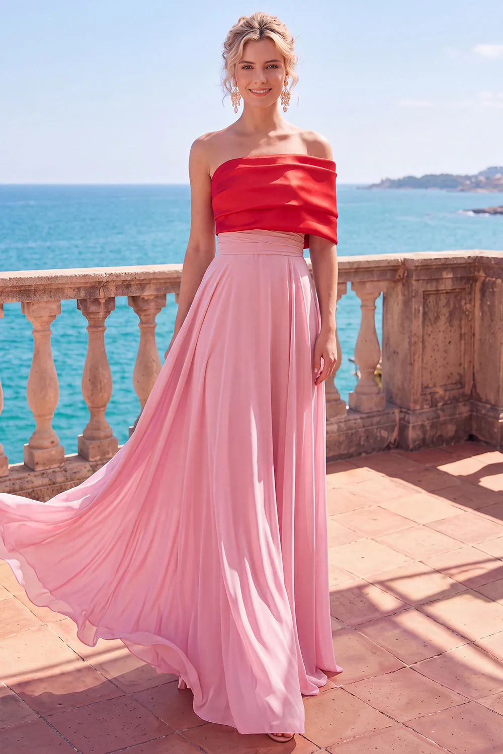 Simple Pink And Red Asymmetrical A-Line Ruched Long Formal Dress sold by Zapaka
