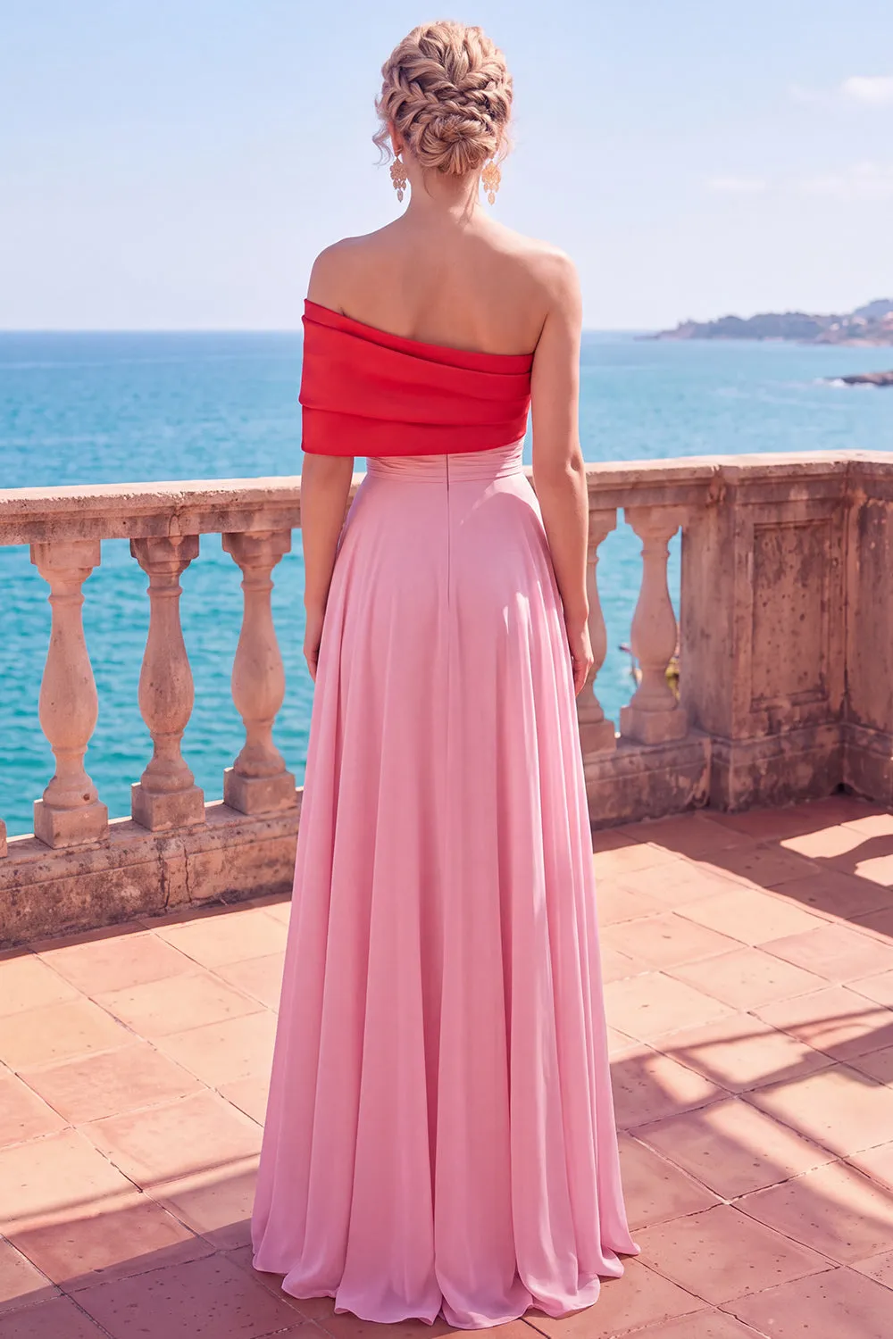 Simple Pink And Red Asymmetrical A-Line Ruched Long Formal Dress sold by Zapaka product image thumbnail 2