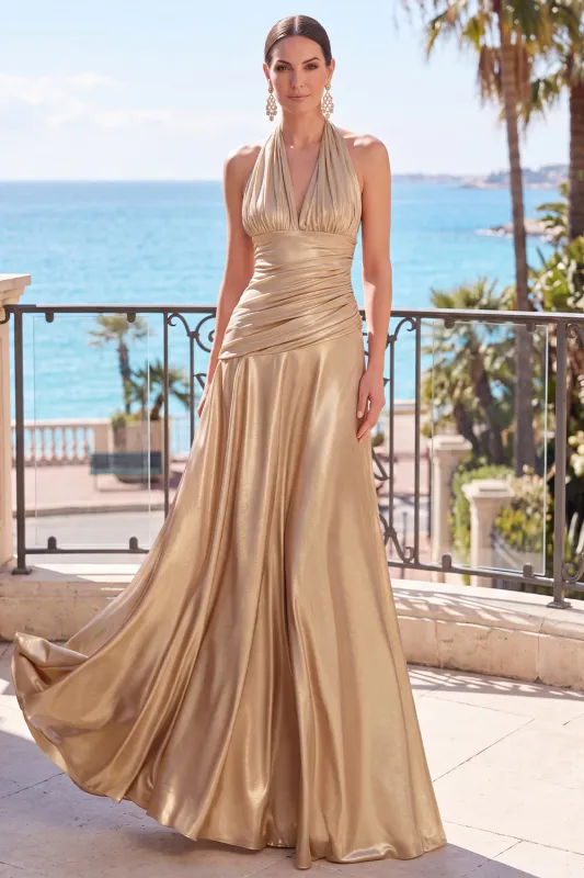 Champagne Metallic A-Line Satin Halter Ruched Backless Long Formal Dress made by Zapaka