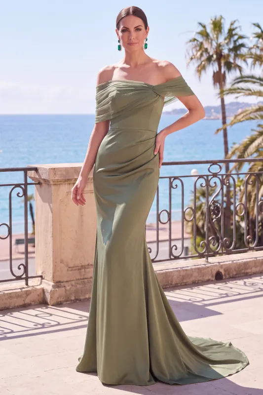 Sage Green Ruched Mermaid Off The Shoulder Long Formal Dress made by Zapaka