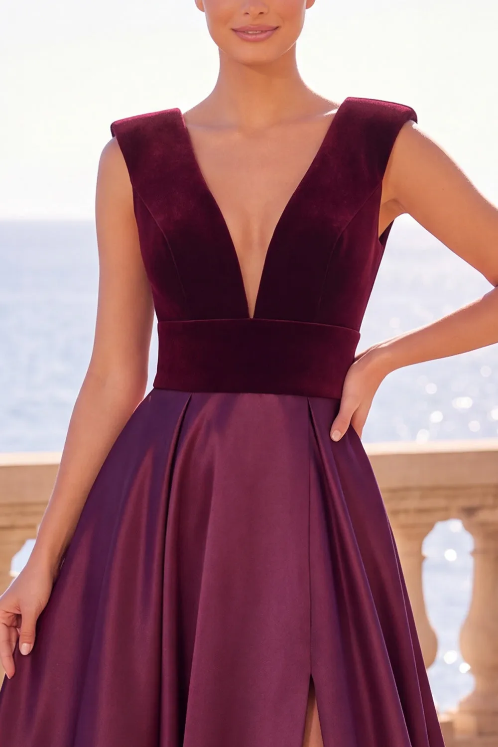 Burgundy V-Neck A-Line Velvet Backless Long Formal Dress with Slit sold by Zapaka product image thumbnail 3