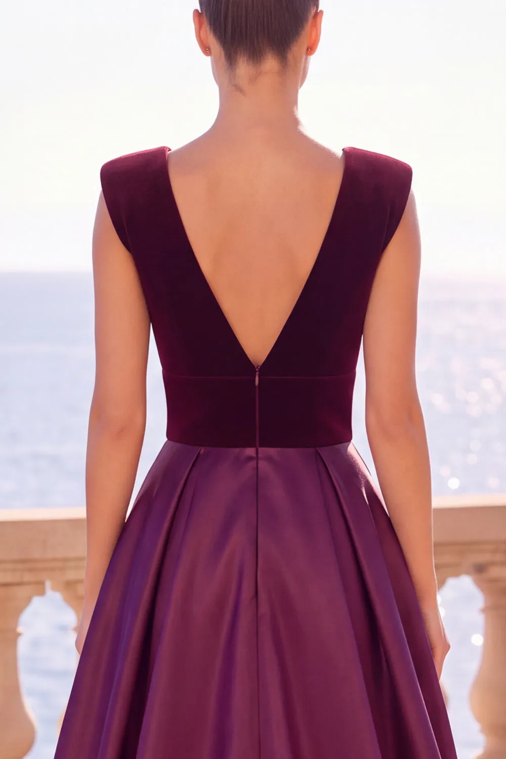 Burgundy V-Neck A-Line Velvet Backless Long Formal Dress with Slit sold by Zapaka product image thumbnail 4