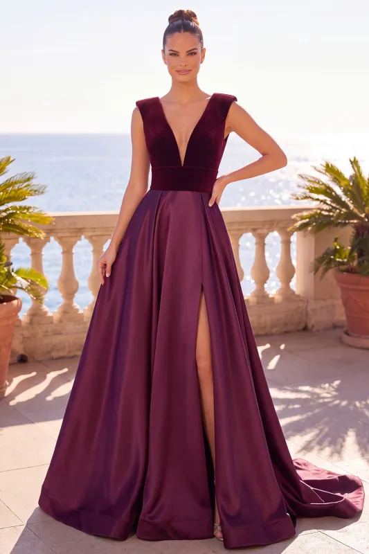 Burgundy V-Neck A-Line Velvet Backless Long Formal Dress with Slit made by Zapaka