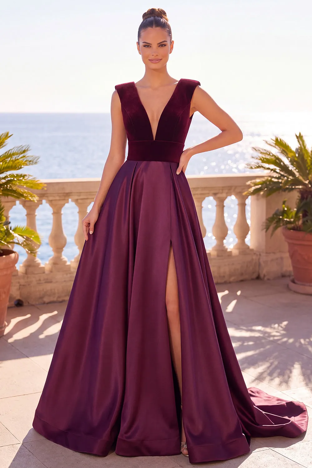 Burgundy V-Neck A-Line Velvet Backless Long Formal Dress with Slit sold by Zapaka