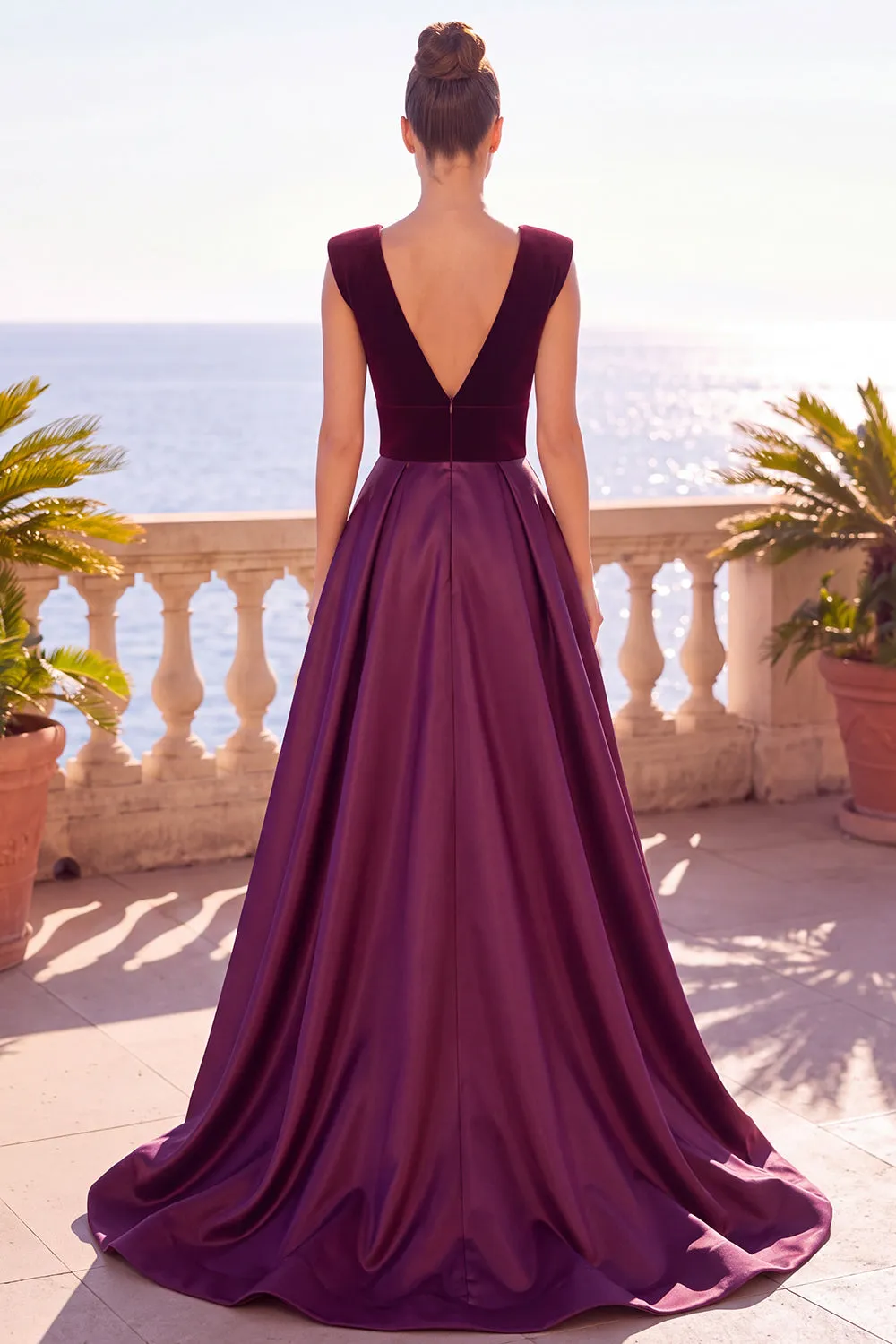 Burgundy V-Neck A-Line Velvet Backless Long Formal Dress with Slit sold by Zapaka product image thumbnail 2