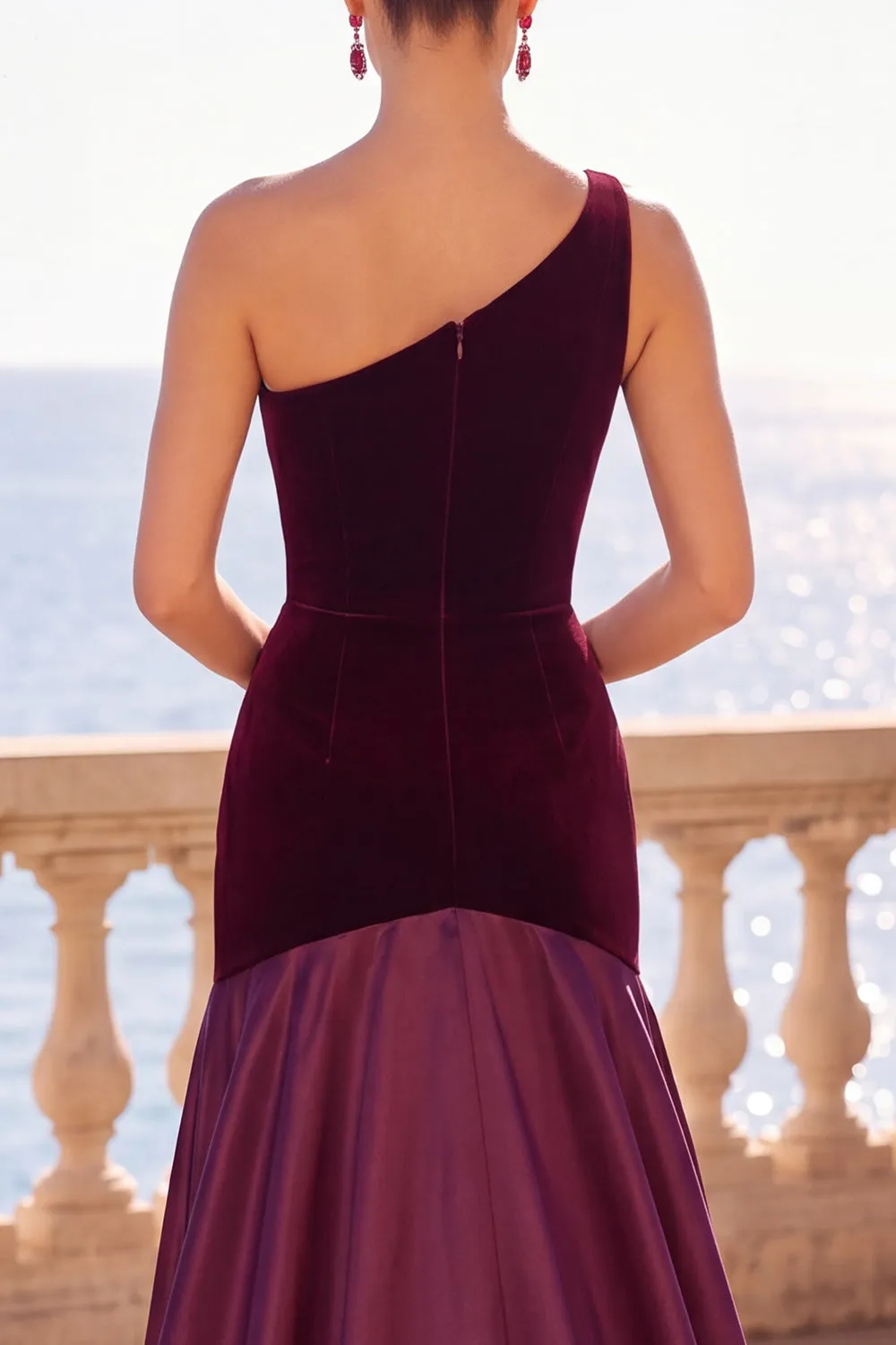 Burgundy One Shoulder Mermaid Velvet Ruched Long Formal Dress sold by Zapaka product image thumbnail 4