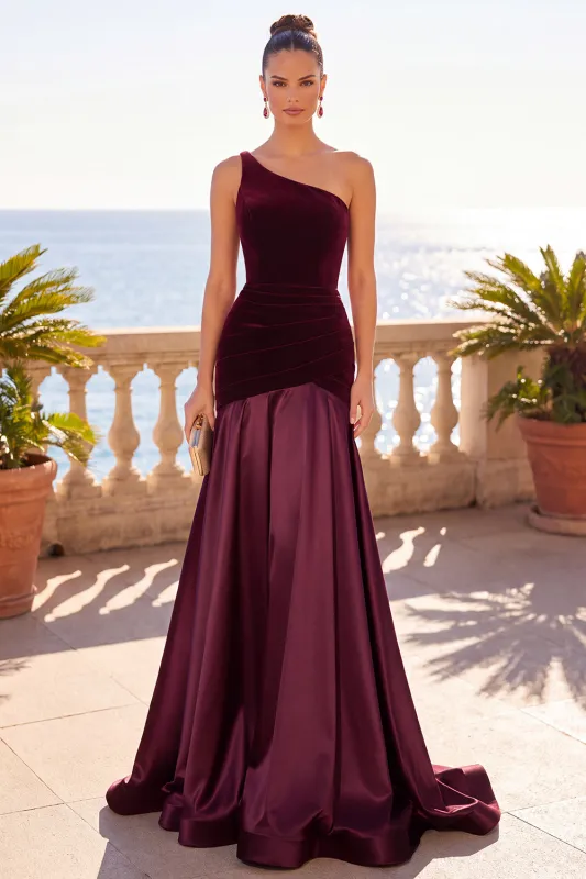 Burgundy One Shoulder Mermaid Velvet Ruched Long Formal Dress made by Zapaka