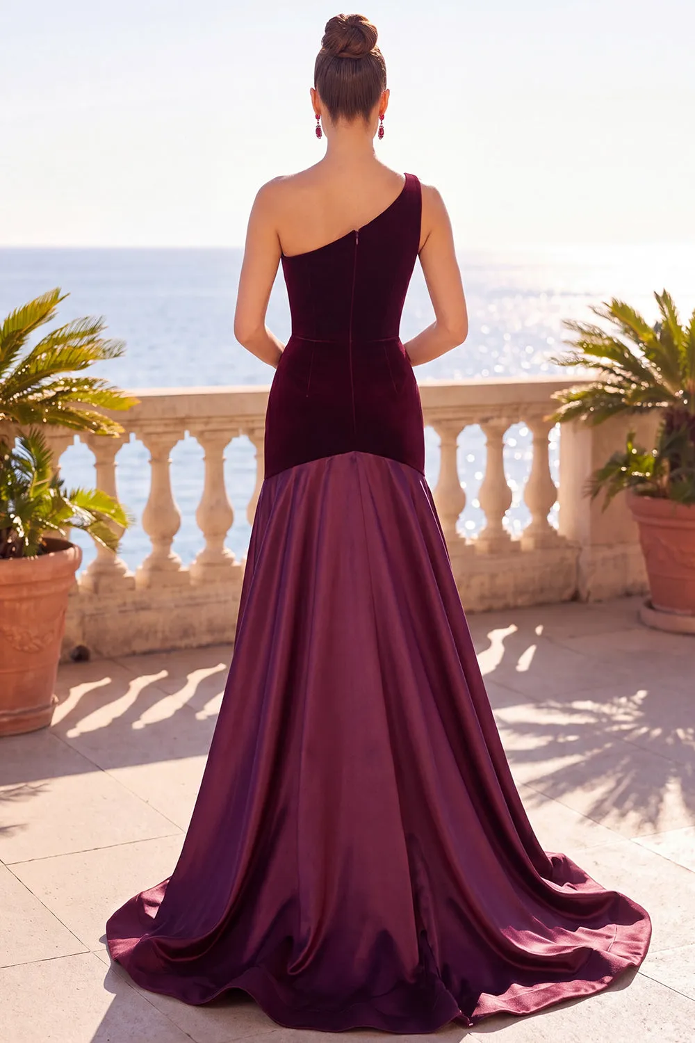 Burgundy One Shoulder Mermaid Velvet Ruched Long Formal Dress sold by Zapaka product image thumbnail 2