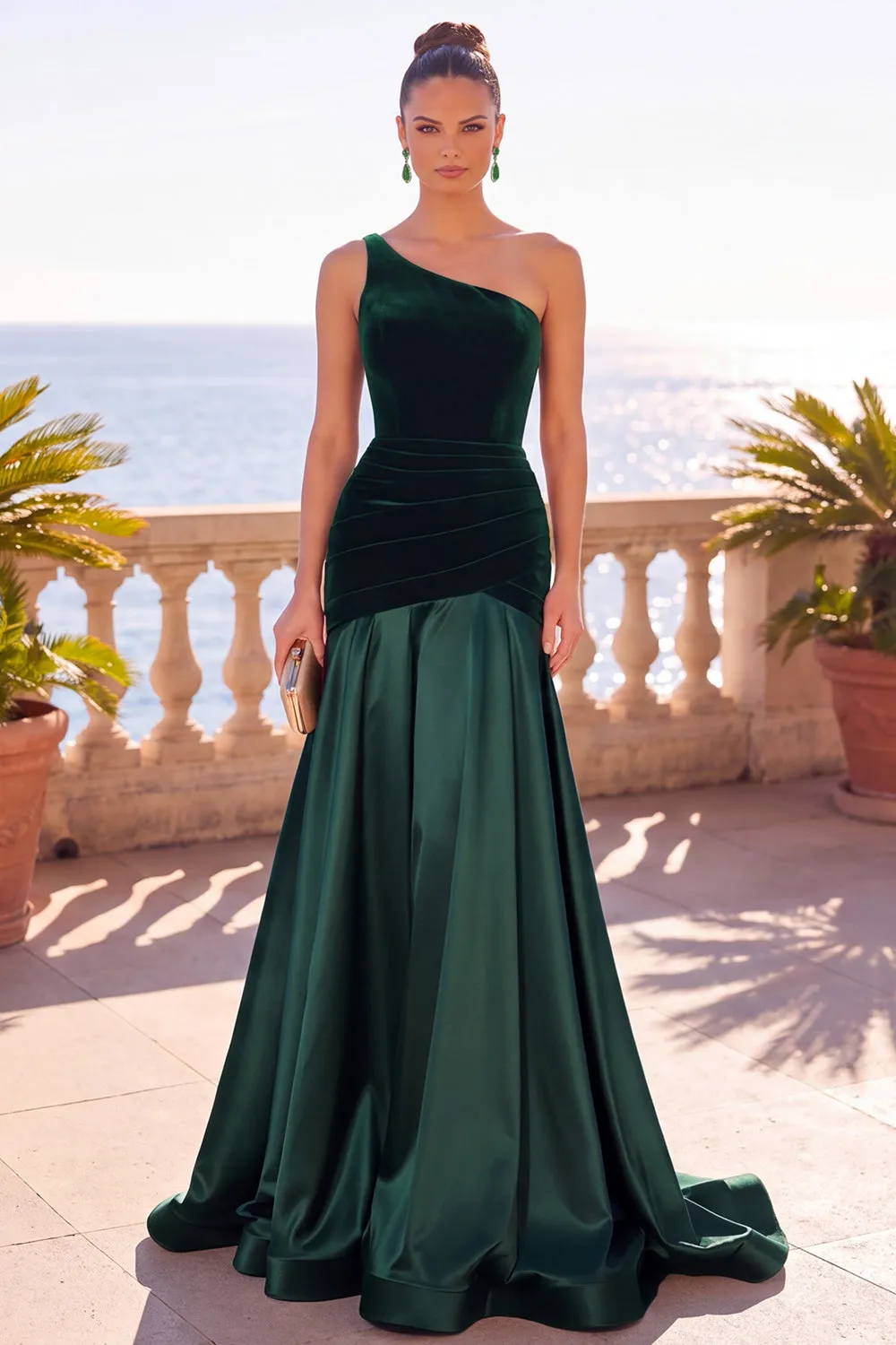 Burgundy One Shoulder Mermaid Velvet Ruched Long Formal Dress sold by Zapaka product image thumbnail 5