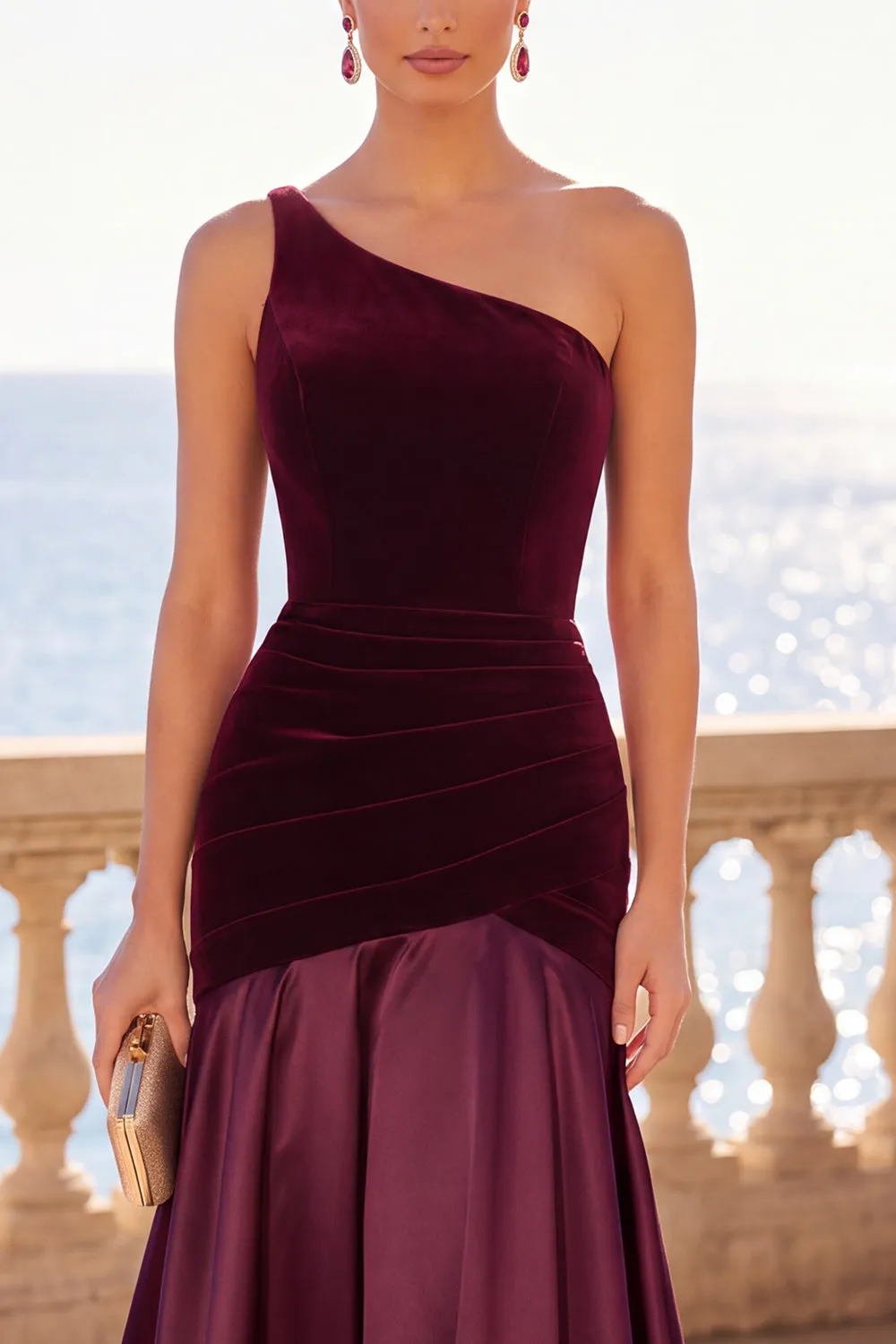 Burgundy One Shoulder Mermaid Velvet Ruched Long Formal Dress sold by Zapaka product image thumbnail 3