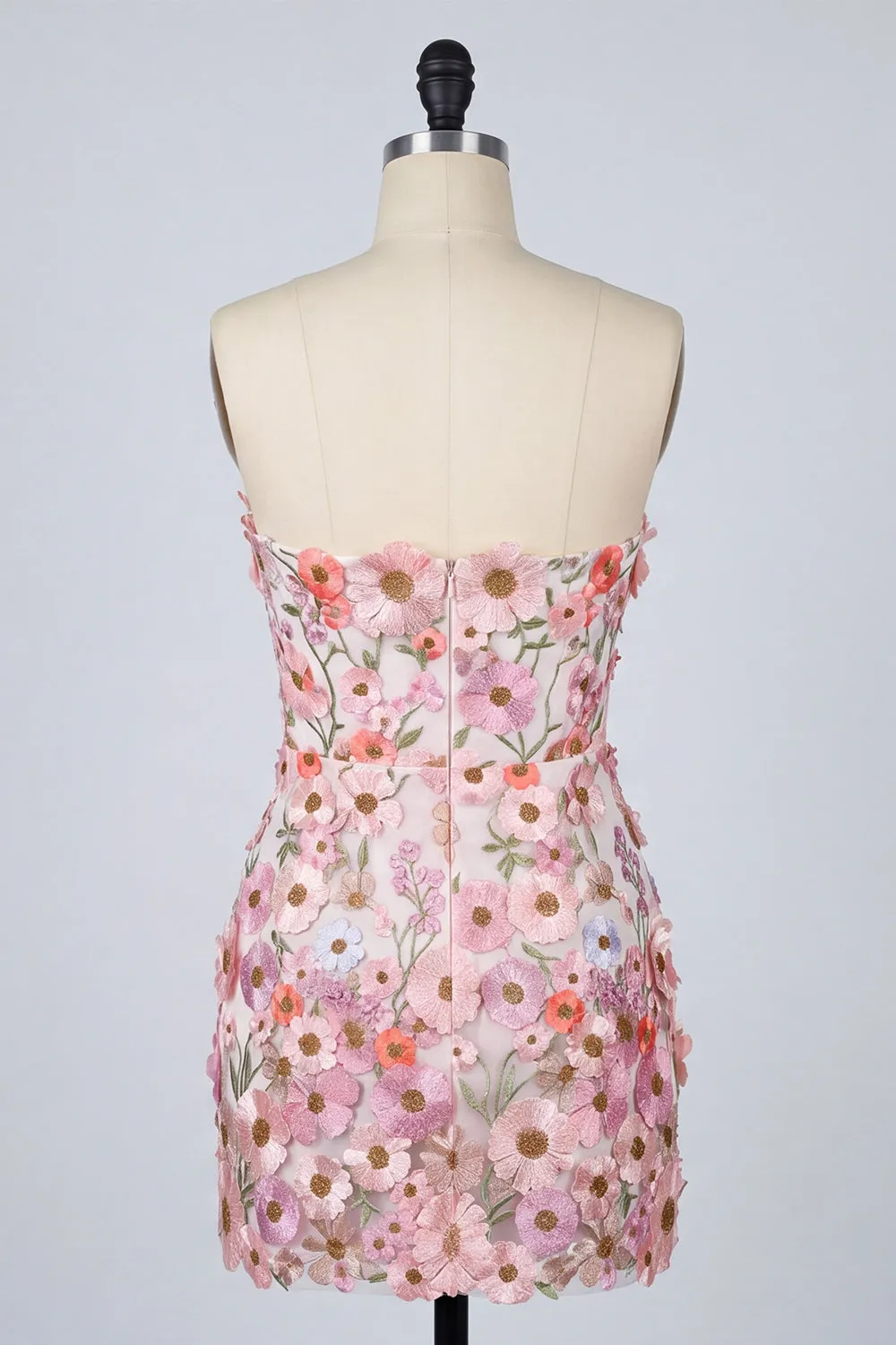 Floral Pink Appliqued Strapless Bodycon Mini Homecoming Dress sold by Zapaka product image thumbnail 2