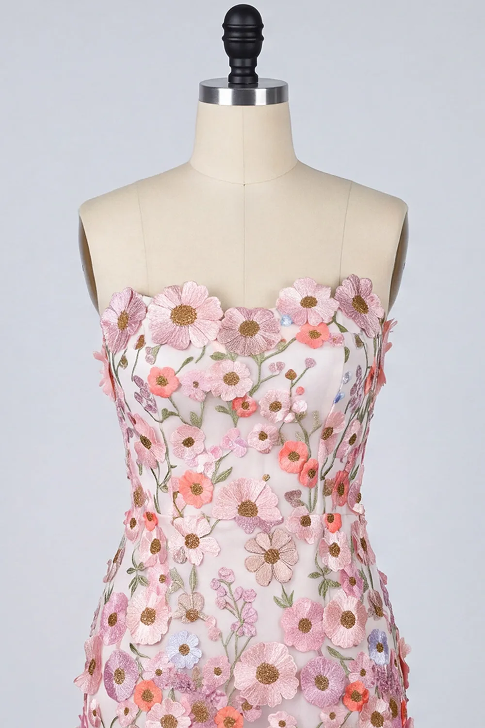 Floral Pink Appliqued Strapless Bodycon Mini Homecoming Dress sold by Zapaka product image thumbnail 3