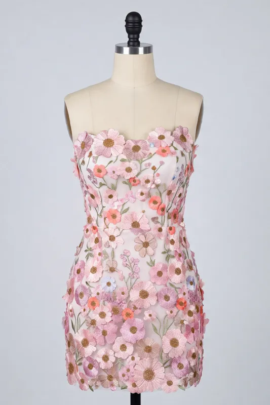 Floral Pink Appliqued Strapless Bodycon Mini Homecoming Dress made by Zapaka