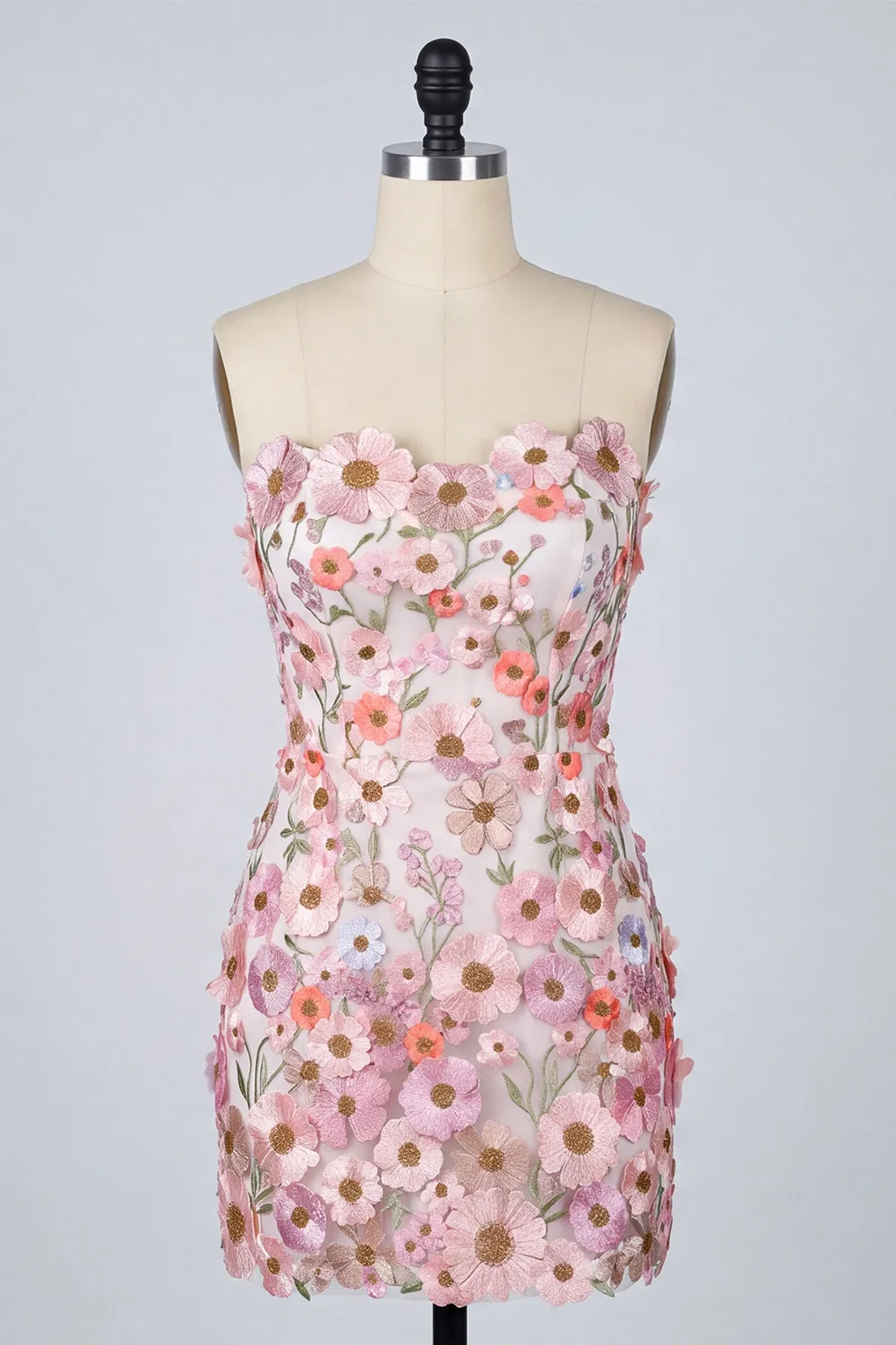 Floral Pink Appliqued Strapless Bodycon Mini Homecoming Dress sold by Zapaka