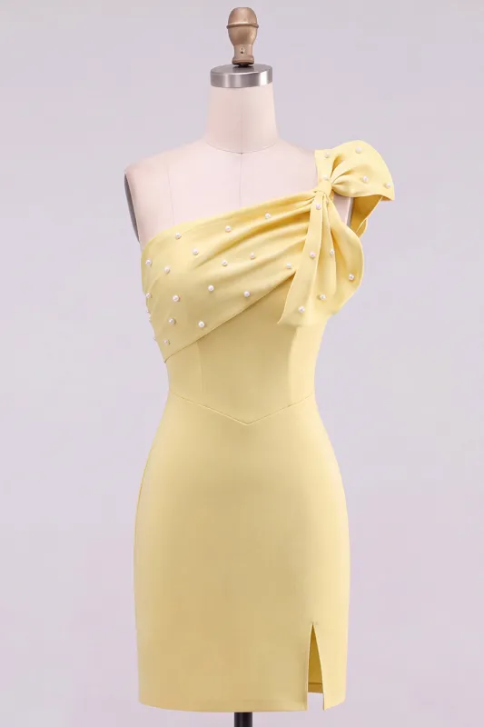 Yellow Bodycon One-Shoulder Pearl Beaded Short Homecoming Dress with Bow Detail made by Zapaka