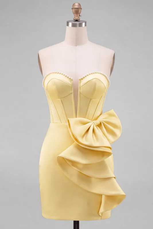 Yellow Bodycon Pearl Trim Corset Short Homecoming Dress with Side Bow Detail made by Zapaka