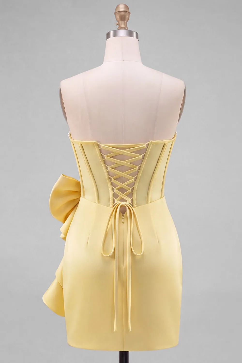 Yellow Bodycon Pearl Trim Corset Short Homecoming Dress with Side Bow Detail sold by Zapaka product image thumbnail 2