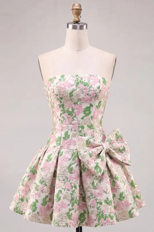 Pink A-Line Strapless Floral Jacquard Short Homecoming Dress with Bow made by Zapaka