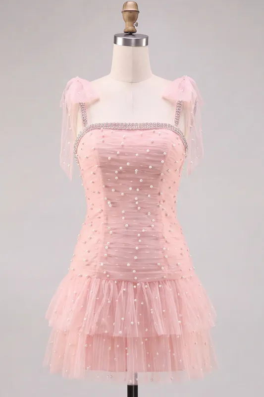 Pink Pearl Tulle Tiered A-Line Beaded Short Homecoming Dress with Ruffles made by Zapaka