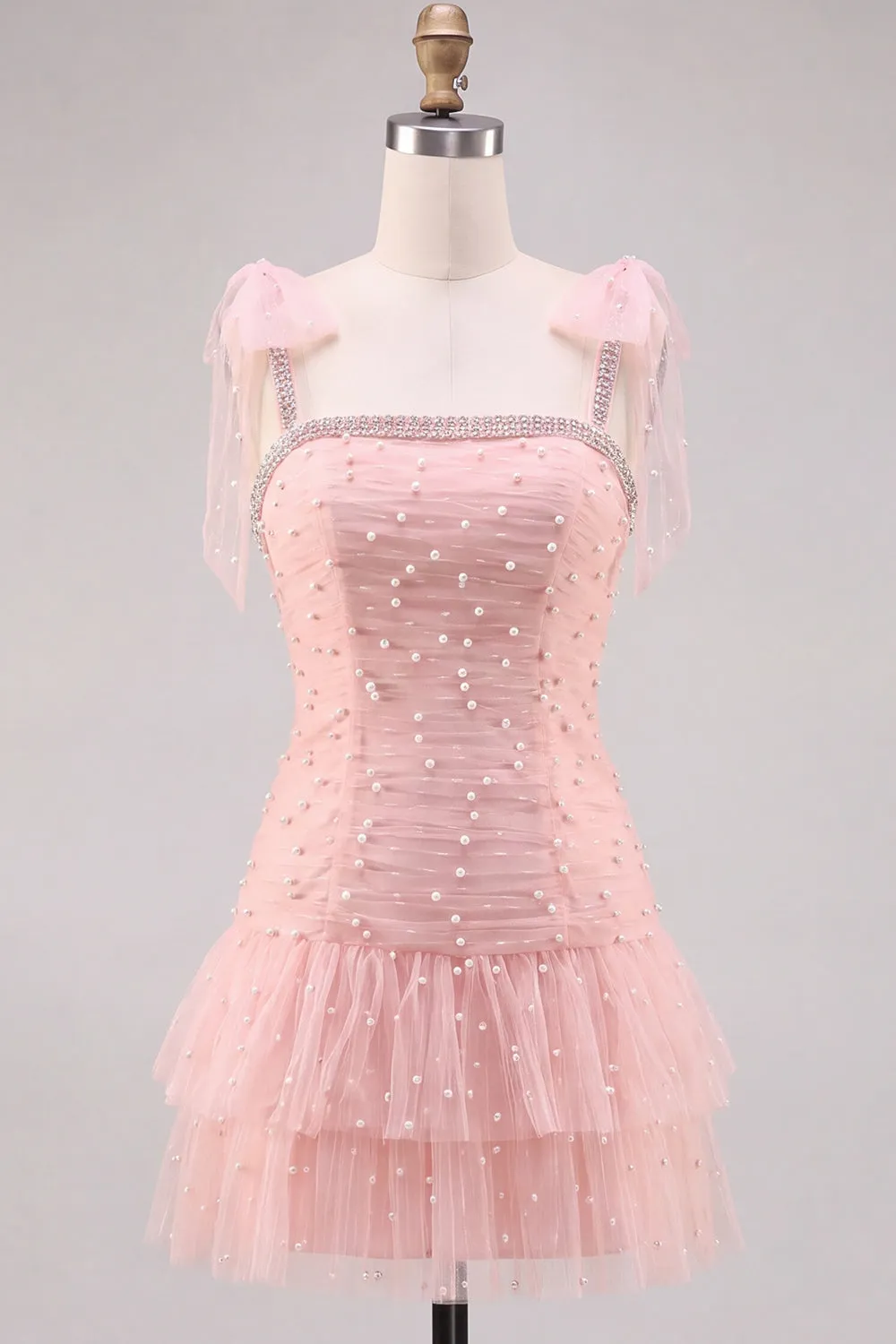 Pink Pearl Tulle Tiered A-Line Beaded Short Homecoming Dress with Ruffles sold by Zapaka