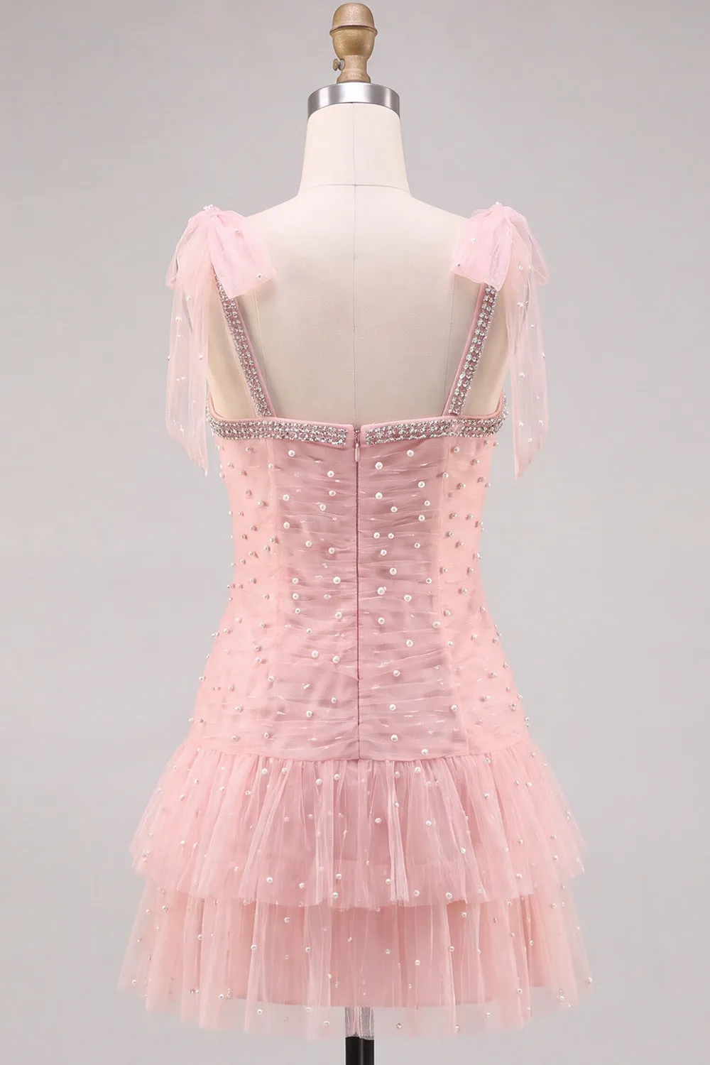 Pink Pearl Tulle Tiered A-Line Beaded Short Homecoming Dress with Ruffles sold by Zapaka product image thumbnail 2