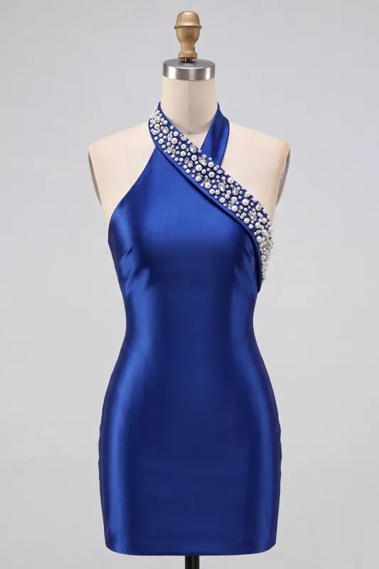 Royal Blue Bodycon Pearls Rhinestones Halter Short Homecoming Dress made by Zapaka
