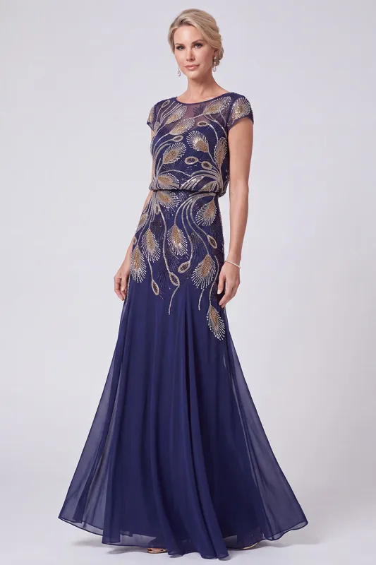 Navy Beaded Batueau A-Line Long Mother Of The Bride Dress made by Zapaka