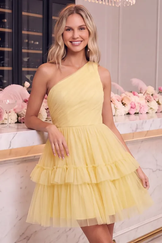 One Shoulder Yellow Tulle A-Line Tiered Mini Homecoming Dress with Ruffles made by Zapaka
