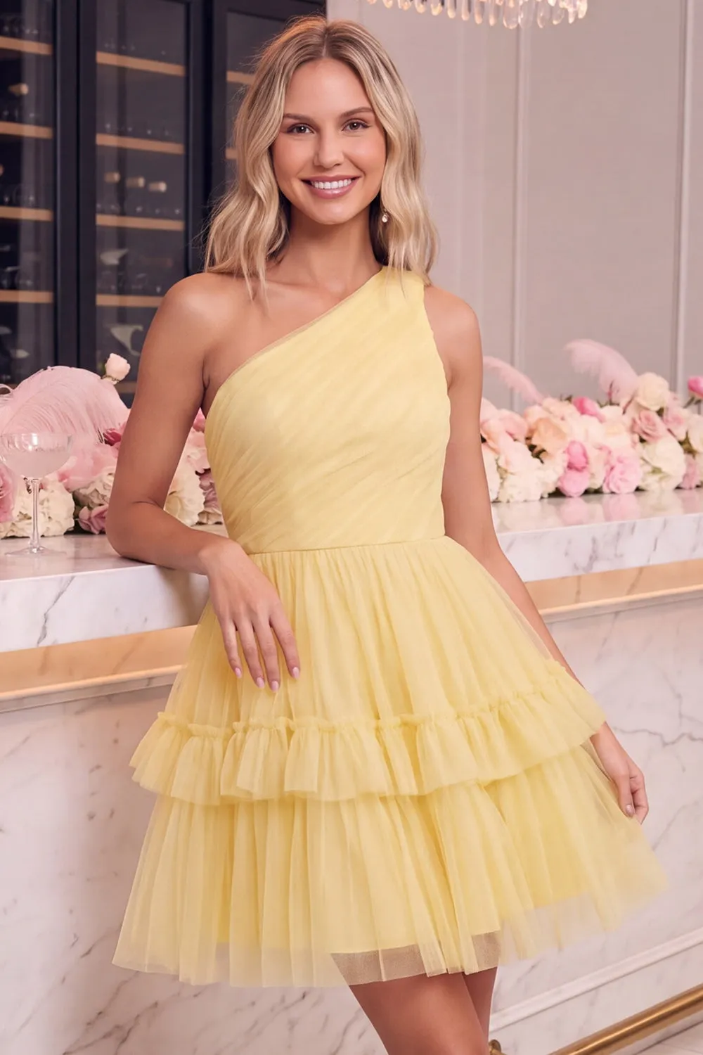 One Shoulder Yellow Tulle A-Line Tiered Mini Homecoming Dress with Ruffles sold by Zapaka