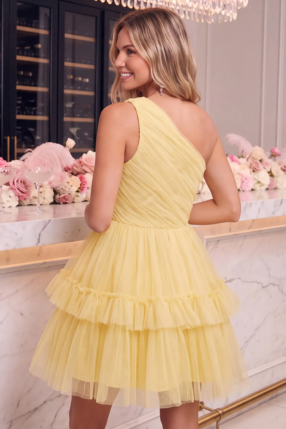 One Shoulder Yellow Tulle A-Line Tiered Mini Homecoming Dress with Ruffles sold by Zapaka product image thumbnail 2
