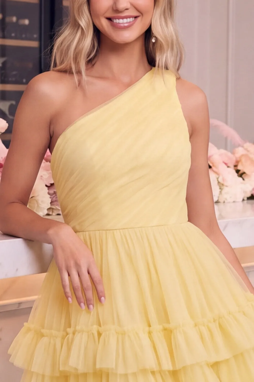 One Shoulder Yellow Tulle A-Line Tiered Mini Homecoming Dress with Ruffles sold by Zapaka product image thumbnail 3