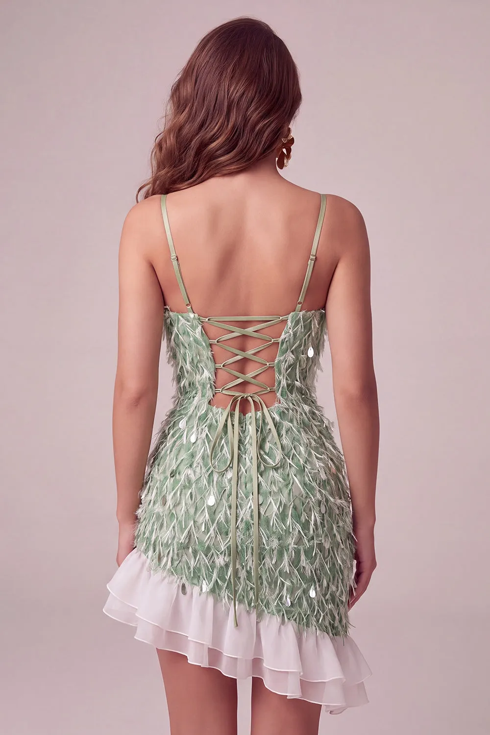Green Bodycon Square Neck Sequin Fringe Homecoming Dress with Asymmetric Ruffled Hem sold by Zapaka product image thumbnail 2