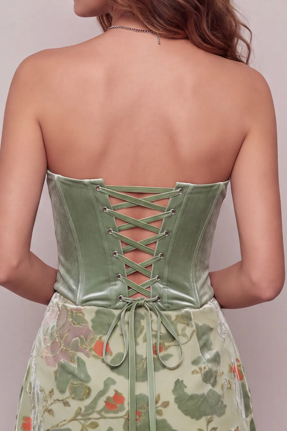 Dusty Sage Corset Velvet Strapless Floral Short Homecoming Dress sold by Zapaka product image thumbnail 4
