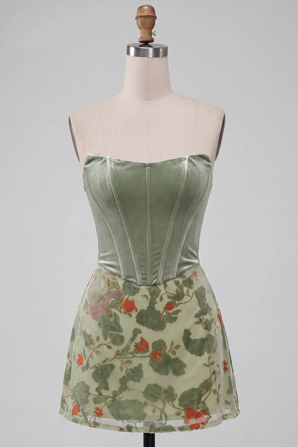 Dusty Sage Corset Velvet Strapless Floral Short Homecoming Dress sold by Zapaka product image thumbnail 5