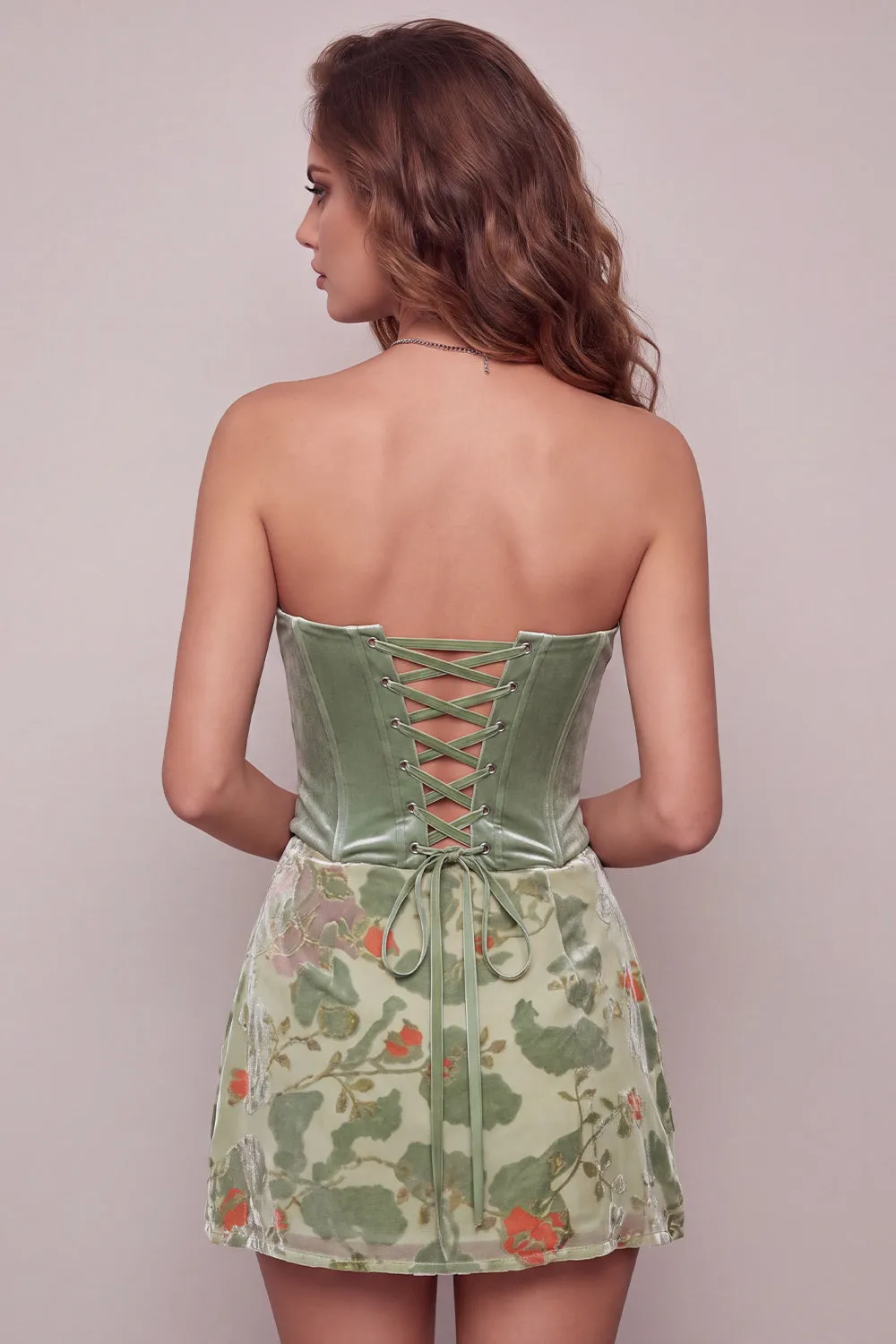 Dusty Sage Corset Velvet Strapless Floral Short Homecoming Dress sold by Zapaka product image thumbnail 2