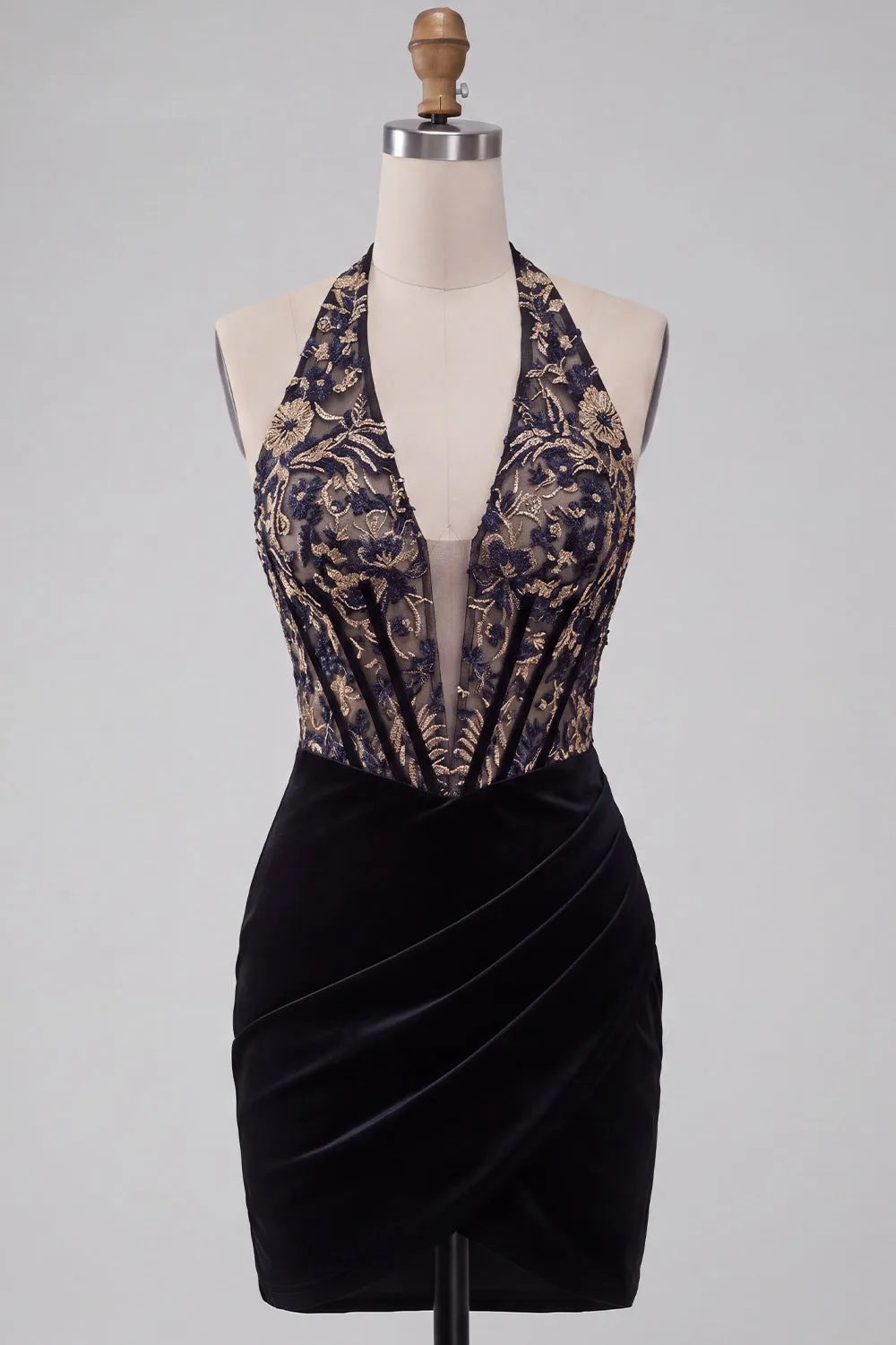 Black Corset Halter Velvet Ruched Deep V-Neck Short Homecoming Dress with Embroidery sold by Zapaka product image thumbnail 5