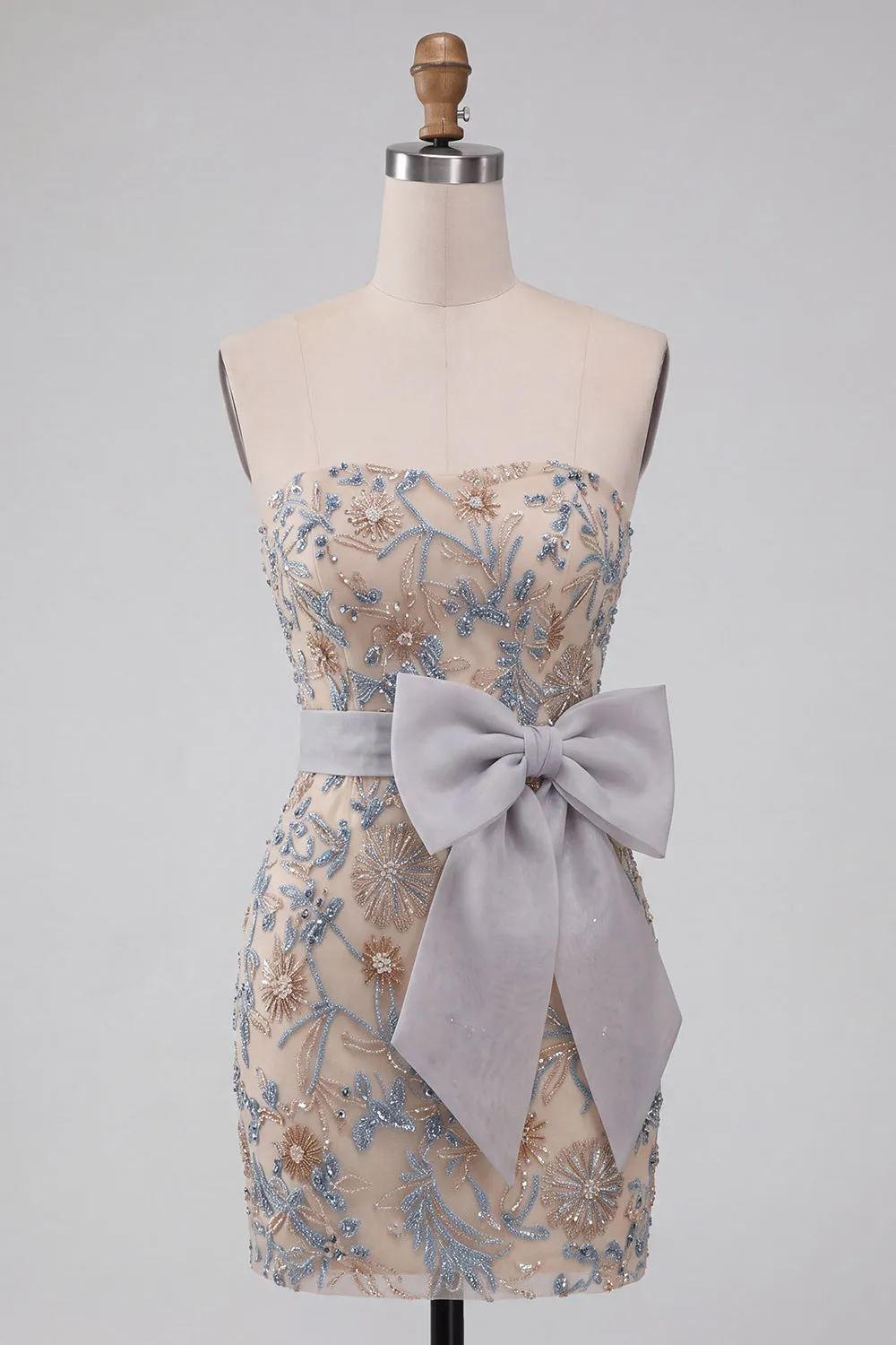 Light Grey Bodycon Sequins Strapless Beaded Short Homecoming Dress with Bow sold by Zapaka product image thumbnail 5