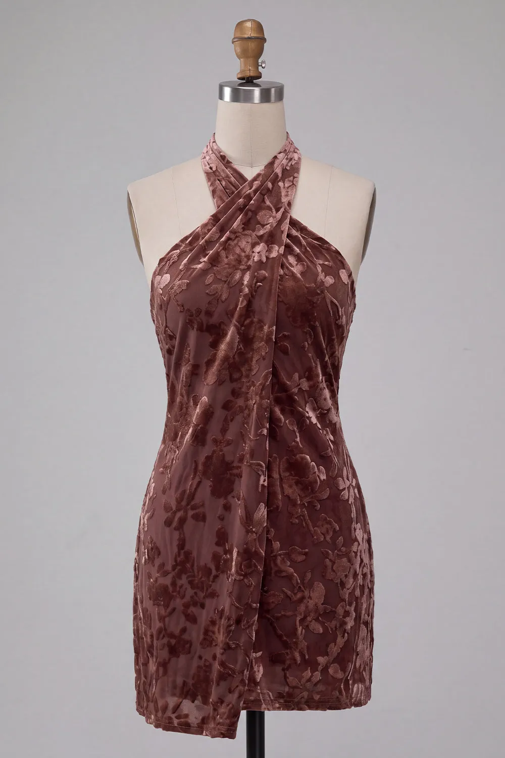 Khaki Bodycon Halter Burnout Velvet Short Cocktail Dress sold by Zapaka product image thumbnail 5