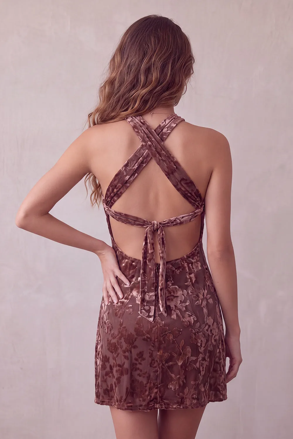 Khaki Bodycon Halter Burnout Velvet Short Cocktail Dress sold by Zapaka product image thumbnail 2