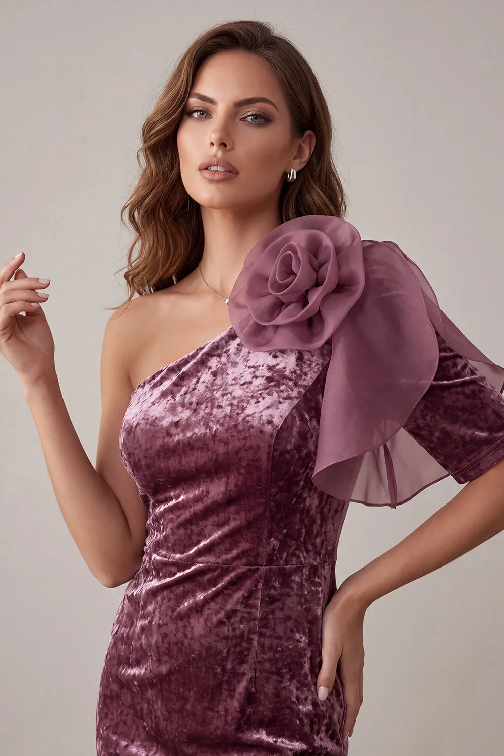 Vintage Mauve Velvet Bodycon One Shoulder Short Cocktail Dress with 3D Flower sold by Zapaka product image thumbnail 3