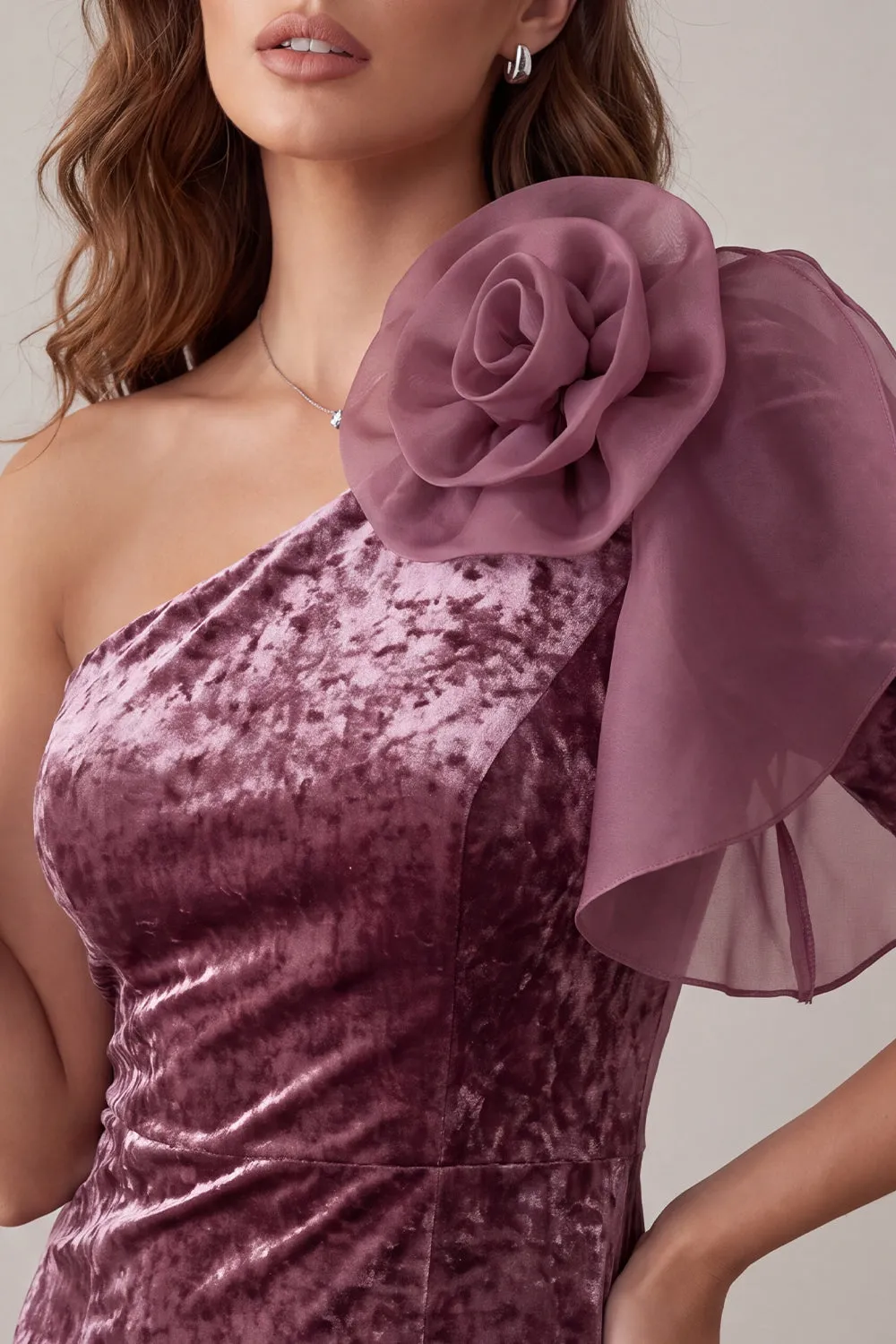 Vintage Mauve Velvet Bodycon One Shoulder Short Cocktail Dress with 3D Flower sold by Zapaka product image thumbnail 4