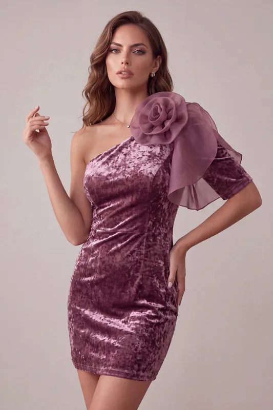 Vintage Mauve Velvet Bodycon One Shoulder Short Cocktail Dress with 3D Flower made by Zapaka