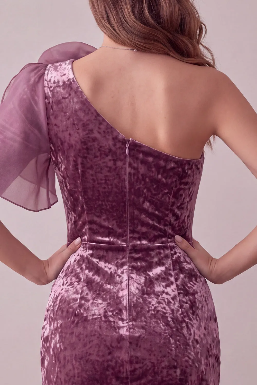 Vintage Mauve Velvet Bodycon One Shoulder Short Cocktail Dress with 3D Flower sold by Zapaka product image thumbnail 5