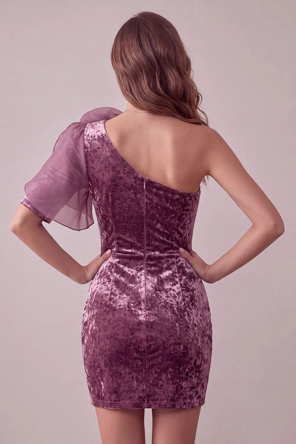 Vintage Mauve Velvet Bodycon One Shoulder Short Cocktail Dress with 3D Flower sold by Zapaka product image thumbnail 2