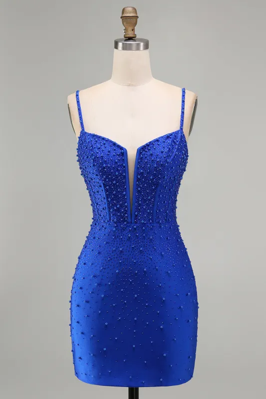 Royal Blue Pearls Corset Bodycon Short Homecoming Dress with Beading made by Zapaka
